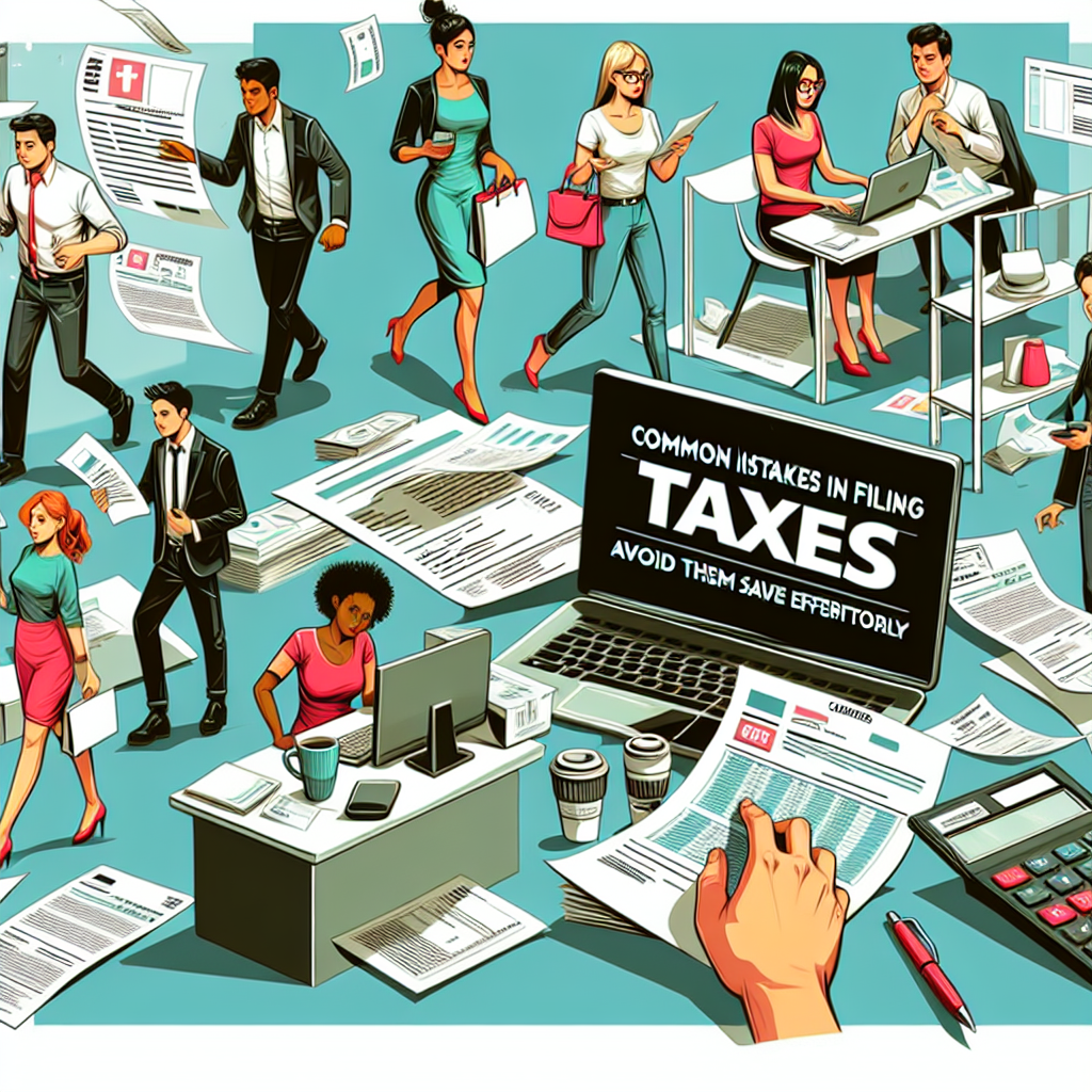 Create a semi-realistic comic-style digital illustration on the theme of 'Common Mistakes in Filing Taxes: Avoid Them and Save Effortlessly'. Include expressive characters of varying descents and genders interacting with relevant props such as tax forms, calculators, and computers. Use a bright color scheme and a clear composition for an engaging and editorial style. The scene should be vivid and detailed, effectively telling the story of these common tax-filing mistakes and how to avoid them.