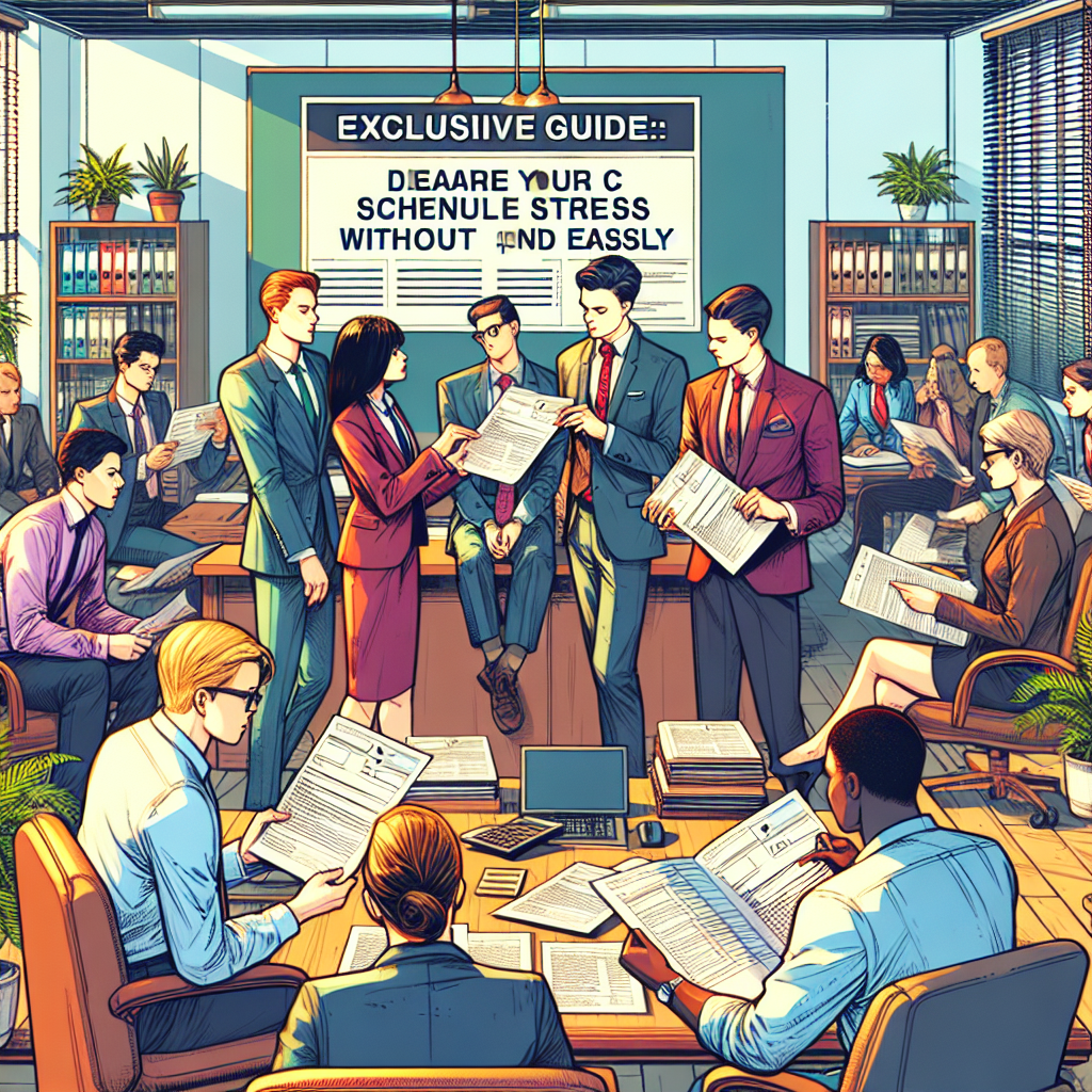 Produce a lively, rich digital illustration in a semi-realistic comic style based on an Exclusive Guide: Declare your Schedule C without Stress and Easily. The image should contain expressive characters of various descents and genders interacting in an office setting. Key elements to include are important tax documents, a calmer environment with comfortable seats, and individual desk spaces. The scene should be painted with vibrant colors and maintain clarity in its composition, while embodying an appealing, informative editorial style.