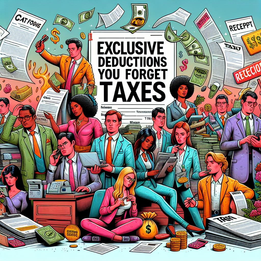 Create a vibrant, detailed digital illustration in a semi-realistic comic fashion about 'Exclusive Deductions You Forget in Your Taxes'. The scenario is filled with expressive characters of varying descents and genders, interacting with relevant props such as tax forms, receipt piles, dollar signs, calculators, and computers, all in accord with the tax theme. The colors should be bright and striking, ensuring the composition clarity and overall narrative coherence. The style is intended to be visually engaging and editorial, making the usually dull topic of tax deductions more interesting and appealing.