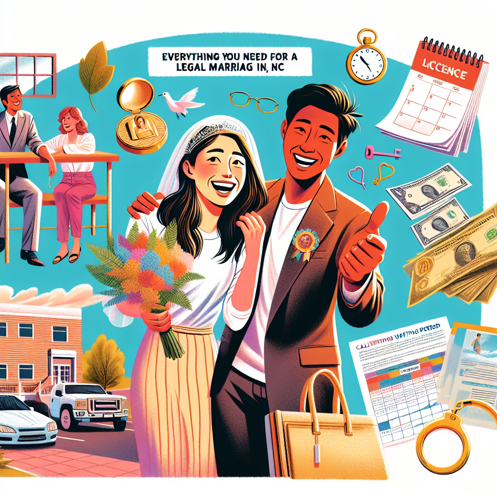 Create a vivid, detailed digital illustration in a semi-realistic narrative visual style about 'Everything you need for a legal marriage in North Carolina: An Essential Guide'. Showcase a Caucasian woman and an Asian man in the process of getting legally married. Show them expressing joy and excitement. Include relevant props such as marriage license, comfortable attire, scenic outdoor setting typical of North Carolina, calendar showing waiting period, and wedding rings. The colors should be bright and the composition should be clear, with the feel of an engaging editorial illustration.
