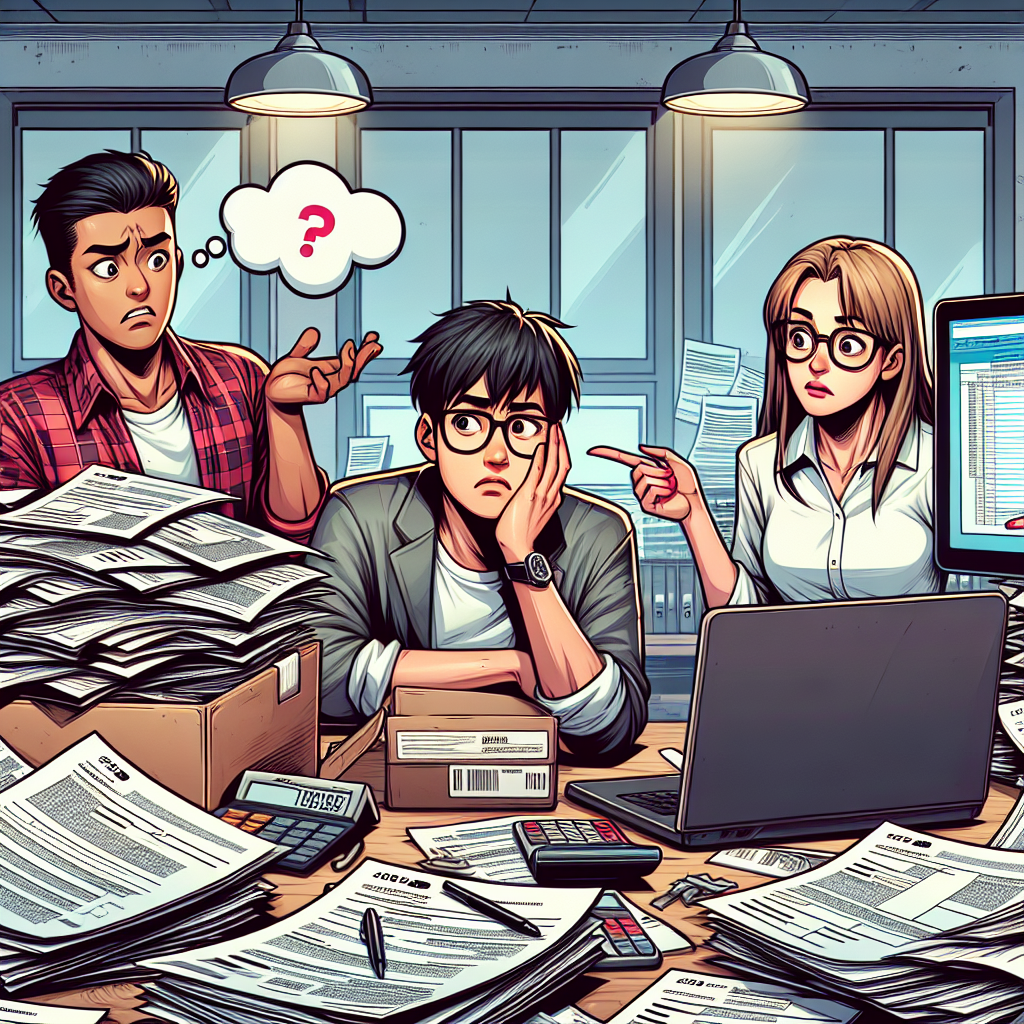 Generate a detailed digital illustration in a semi-realistic comic style conveying the theme of avoiding common tax filing mistakes. The scene should include three characters: an East Asian man look puzzled while staring at a heap of scattered invoices and tax forms; a Caucasian woman pointing to a clear, organized folder symbolizing proper tax organization; and a Hispanic man showing a computer screen that displays an easy-to-follow tax software. The setting is a cozy, well-lit office space filled with essential equipment like computers, calculators, and files. Use vibrant, attractive colors to make the image engaging and eye-catching. The composition should clearly visualize the process of effortless tax filing, highlighting key actions like organization, correct form understanding, and the helpfulness of tax-software.