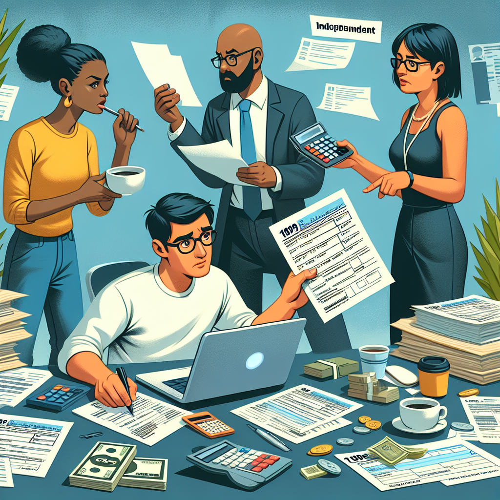 Create a vivid, digital illustration of tax preparation strategies for independent workers. The scene should be in portrayal of a semi-realistic comic style. It should include diverse characters - a Caucasian male worker reviewing a form 1099, a Black female tax consultant advising him, and a South Asian person using a calculator in the background. Scatter relevant props such as tax forms, calculators, and receipts around the scene. The color scheme should be bright and clear. The composition should be engaging and fit for an editorial context.