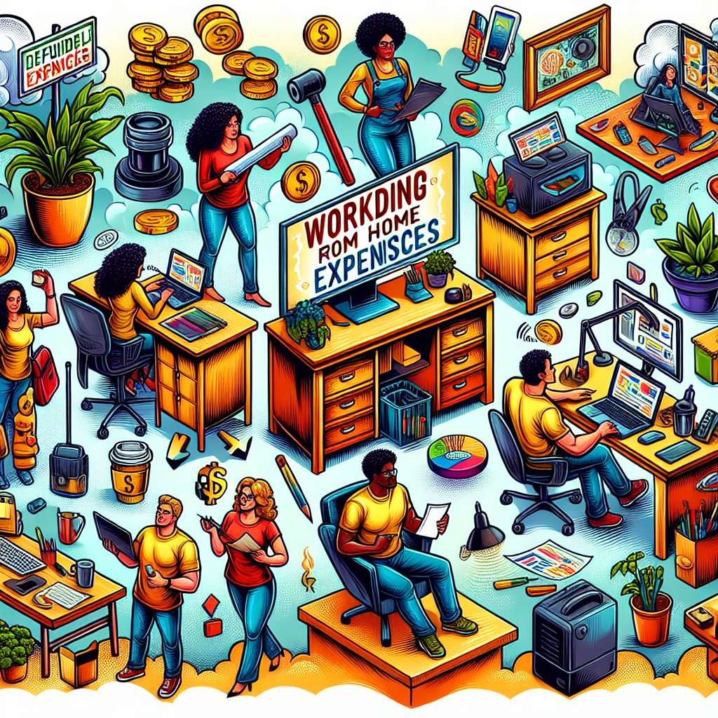 Create a vibrant, detailed digital drawing in a semi-realistic comic style showcasing 'Working from Home: Top Deductible Expenses'. Include engaging characters of diverse descents and genders, illustrating activities related to work-from-home tasks. Surround them with various props symbolizing costly items such as a designated workspace (desk, cabinet), electronic devices (laptop, monitor), internet services, and home utilities. These represent deductible expenses while working remotely. The overall design should be in bright, captivating colors with a lucid composition, imbuing an engaging feel similar to editorial illustrations. The image should transmit the essence of working from home and the concept of deductible expenditures.