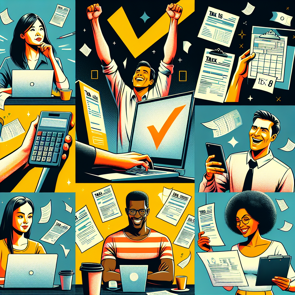 Generate a vibrant, detailed digital illustration that employs a semi-realistic comic style to depict the theme of ITIN Tax Filing being made effortless, thus eliminating tax season stress. The image should include a diverse range of expressive characters: an Asian woman looking relaxed with a laptop, a Hispanic man who appears relieved by the large checkmark on his computer screen, a Caucasian man celebrating with tax documents in his hand, and a Black woman studying tax forms with a satisfied smile. Introduce relevant props such as calculators, computers, tax documents, and coffee cups. Emphasize bright colors and a clear composition to follow an engaging editorial style.