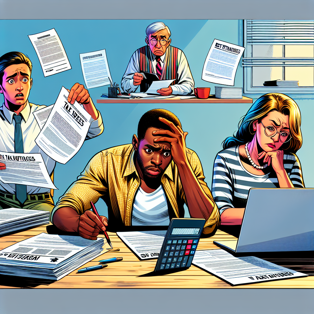 Generate a vibrant, high detail digital painting in semi-realistic comic or graphic novel style capturing a scene of 'Best Strategies for Handling Tax Notices'. The scene should contain expressive people showing different emotions; a worried Caucasian man holding a letter from the tax office, a calm African woman sitting at a desk and consulting tax documents, and a focused Middle-Eastern young man working on a laptop. The props should match the theme and contain objects like letters from the IRS, tax forms, a calculator, a laptop displaying tax software. Composition should be clear and engaging, with bright contrasting colors. Lastly, the style should mirror that of an engaging editorial cartoon or graphic novel spread.