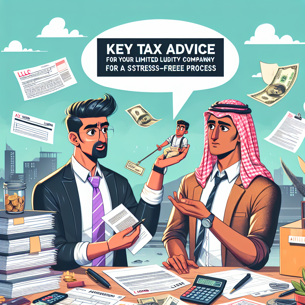 Create a vivid, semi-realistic digital illustration with the theme 'Key tax advice for your first Limited Liability Company for a stress-free process'. Include expressive characters representing a talented Hispanic tax advisor giving advice to a determined Middle-Eastern owner of an LLC. The scene should portray an engaging editorial style filled with relevant props such as papers, calculators, and tax forms. The atmosphere should be vibrant, characterized by bright colors and clear composition. Add a hint of humor to alleviate the typically daunting task of tax completion.