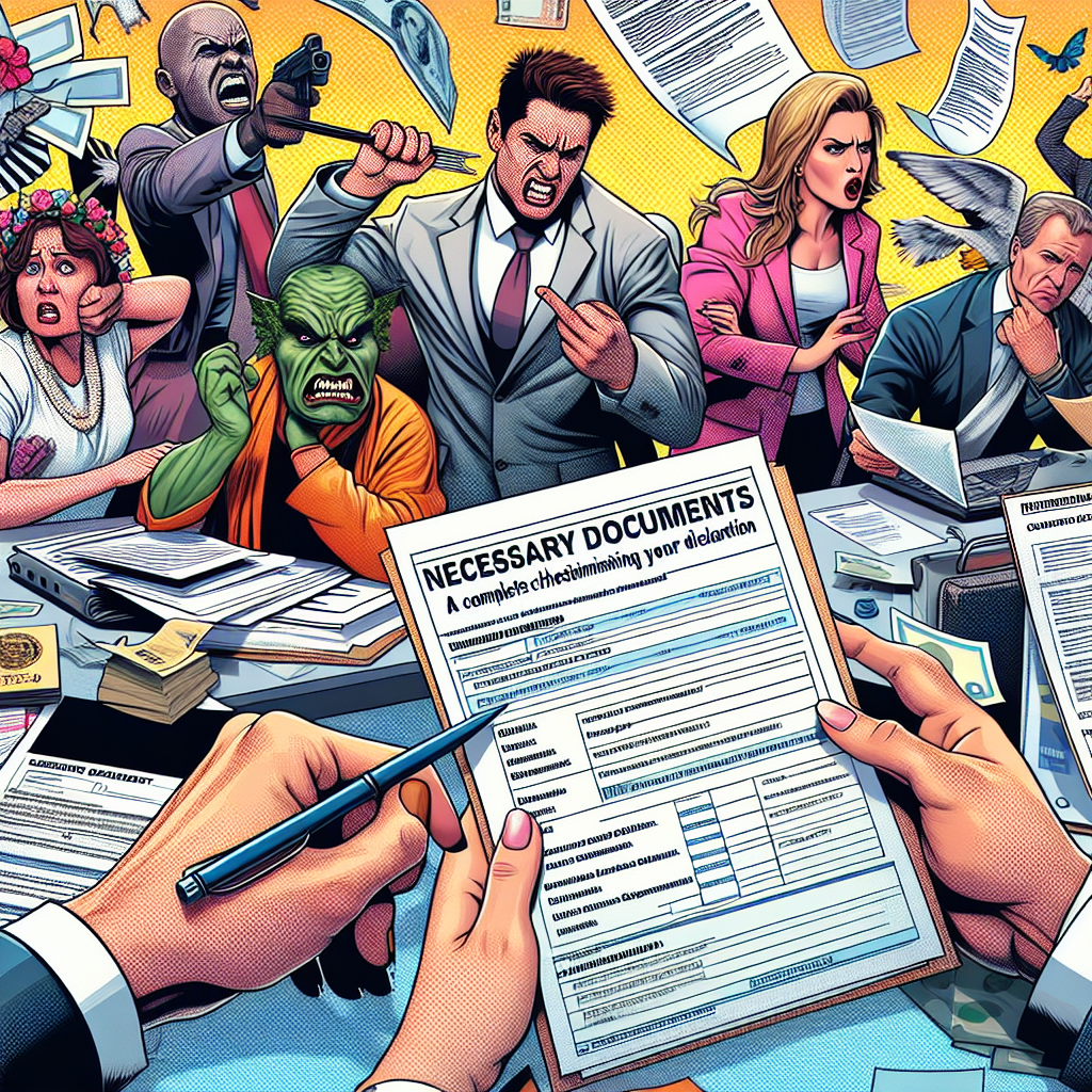 Create a semi-realistic digital illustration in the style of a comic book, featuring an expressive scenario related to the subject matter, 'Necessary Documents: A Complete Checklist for Submitting Your Declaration.' The image should include a range of characters portraying different emotions, and relevant items or props typically associated with paperwork, forms, checklists, and document submission processes. The color scheme should be bright and vivid, ensuring a clear, well-arranged composition. With an engaging editorial style, the image should effectively communicate the theme and context.