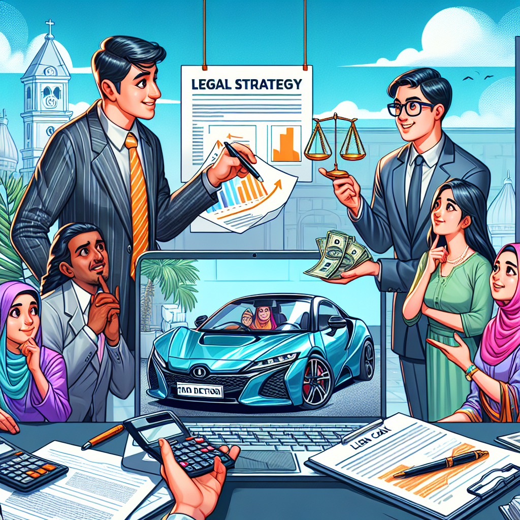 Create a dynamic and detailed digital illustration in a semi-realistic comic style, displaying the concept of 'Legal Strategy for Deducting Your Car for Tax Purposes'. Picture an engaging scene with expressive characters of an diverse ethnic backgrounds and genders:  a Caucasian male tax expert, a Middle-Eastern female client curious about tax benefits, and an Asian male car salesperson. Utilize vibrant colors and clear composition to make the scene lively. The scene includes various significant props like a laptop showing tax deduction charts, a shiny new car, and legal document papers to match the theme. The overall style should be editorial, information flowing visually from character to character and object to object.