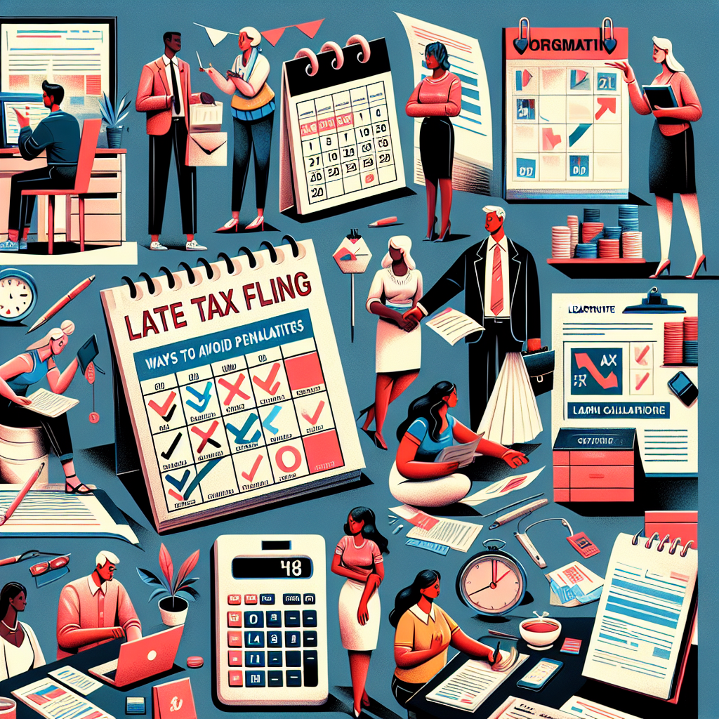 Create an expressive and detailed semi-realistic digital illustration that depicts various characters navigating the process of late tax filing and learning ways to avoid penalties from an organization representing a tax authority. To ensure a clear understanding of the theme, include relevant props such as a calendar marked with a past due date, forms, calculators, and guidance materials. Present this in a captivating editorial style, with bright colors for a clear and engaging composition. Remember, the gender and descent of the characters should be diverse, and representative of different backgrounds such as Caucasian, South Asian, Black, Hispanic, and Middle-Eastern.
