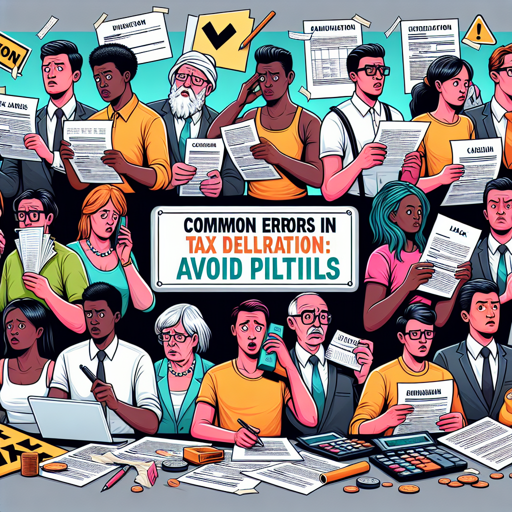 Create a detailed digital illustration in a semi-realistic comic style with the theme, 'Common Errors in Tax Declaration: Avoid Pitfalls'. Include a variety of expressive characters dealing with tax papers, calculators, and legal documents. The characters should be of diverse descents such as Caucasian, Hispanic, Black, Middle-Eastern, and South Asian. Half of them should be male, and half female. Use bright colors to make the image engaging, and the composition should be clear with every element serving a purpose. The style should be engaging and editorial with an informative tone.