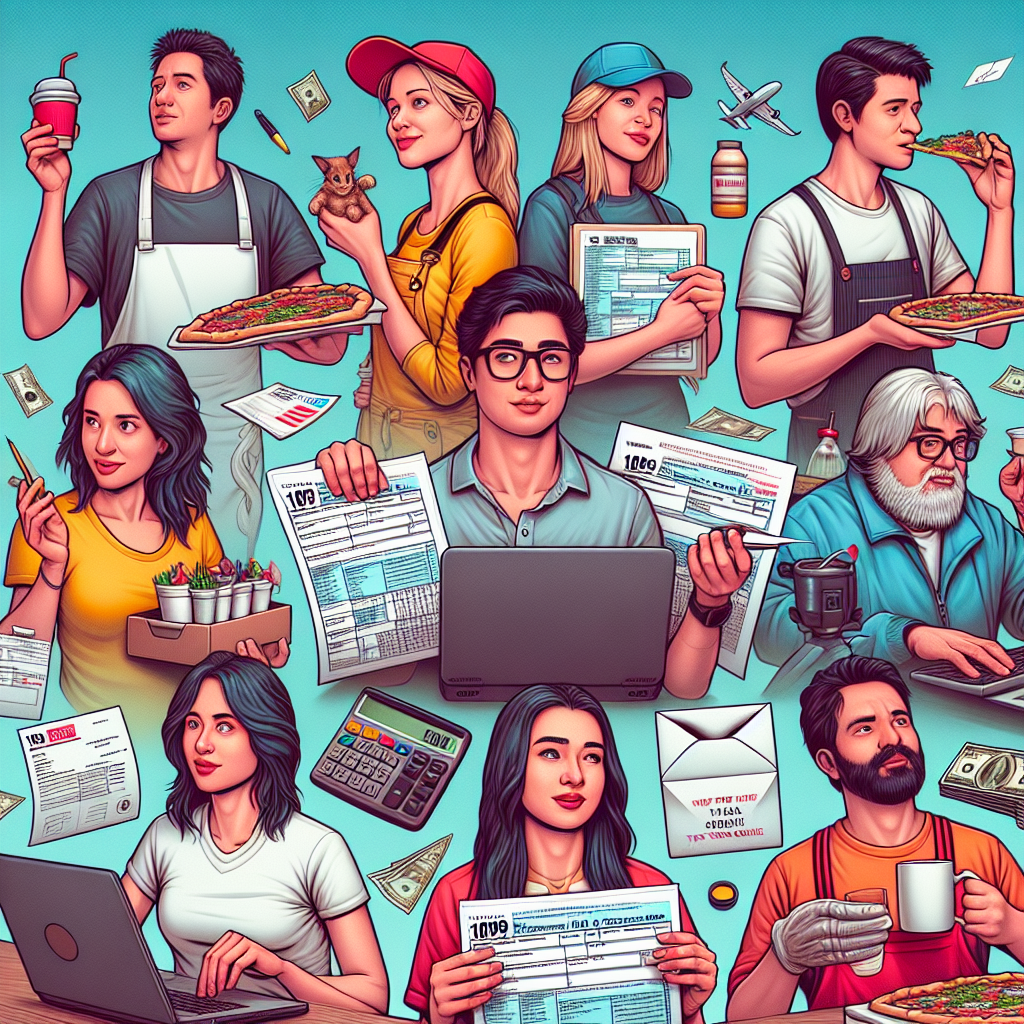 Design a captivating digital illustration in a semi-realistic comic style that vividly brings to life the theme of a 1099 Tax Guide aimed at independent workers. The image should feature an array of expressive characters representing a variety of independent professions like a software freelancer, food delivery worker, and remote teacher. The characters should be evenly represented by various descents such as Caucasian, Hispanic, Middle-Eastern, and South Asian. Use bright colors and a clear composition to create an engaging and visually appealing scene. Important tax-related props like a 1099 form, calculator, envelope, and calendar should be included to emphasize the tax guide aspect. Inject some levity and style into the image, while maintaining the seriousness of the theme.