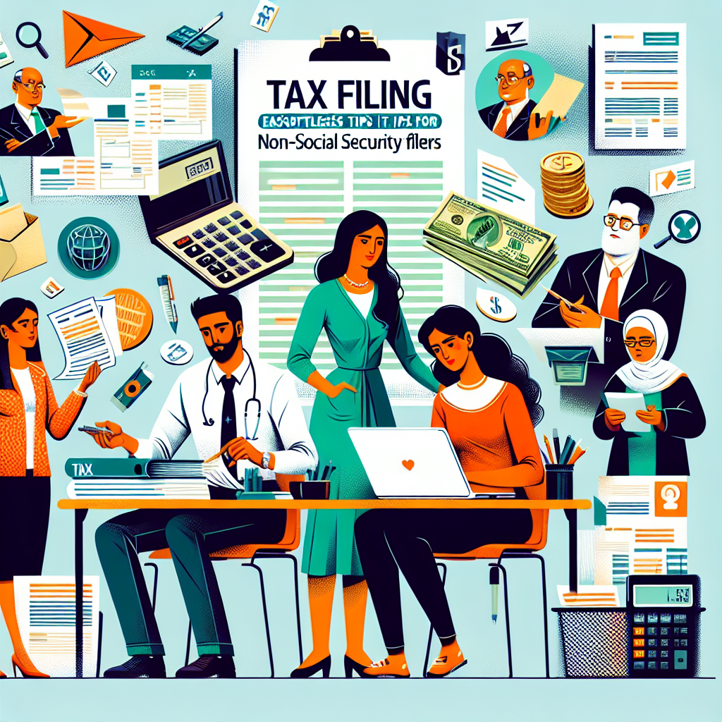 Design a colorful digital illustration in a semi-realistic comic style about 'ITIN Tax Filing: Effortless Tips for Non-Social Security Filers.' The image should have various detailed and expressive characters relating to this theme, for instance, a Middle-Eastern female tax consultant advising a South Asian male non-social security filer, and a Caucasian male carefully filing his taxes. Relevant props such as tax forms, calculators, laptops, and the like should be incorporated. The composition of the image should be clear, engaging, and in an informative editorial style.