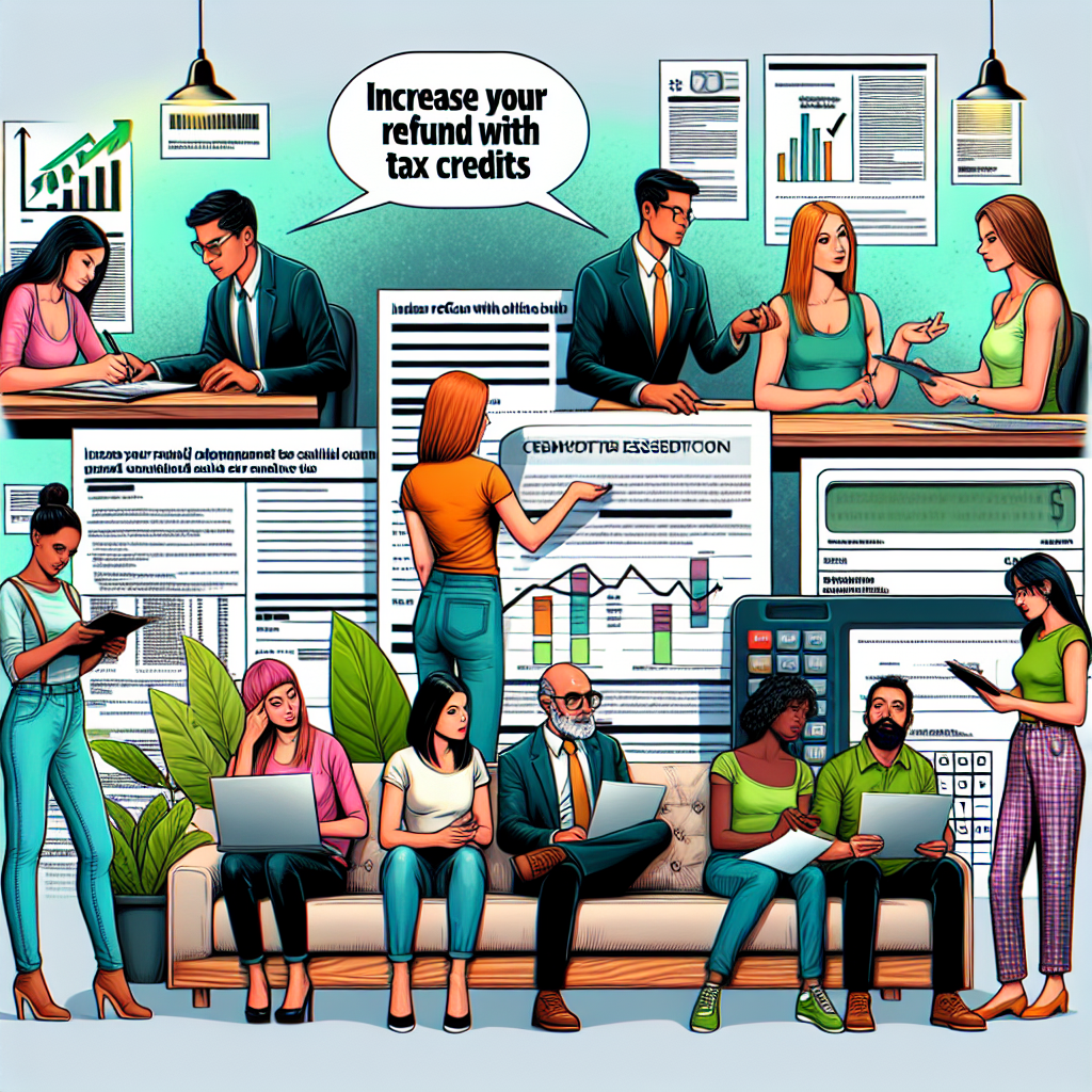 Create a digital illustration in semi-realistic comic style depicting a scene about 'Increase your refund with essential tax credits'. The scene should include expressive characters of various descents and genders interacting with relevant financial props that match the theme. The characters could be shown in a process of filling forms, consulting with tax advisors, or making calculations on large calculators. Use bright colors and clear composition. The picture should engage the viewer with its editorial style, perhaps including visualized financial graphs and statistics. Also include some comic-style thought bubbles or dialogues where appropriate.