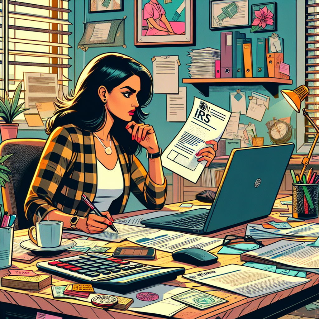 Generate an engaging, vivid, and detailed digital illustration done in a semi-realistic comic style. The image should depict a scenario where a South Asian female, exuding confidence, receives an IRS letter. She is researching and taking the best steps toward a stress-free resolution. In the scene, the woman should be sitting at a desk filled with relevant props like papers, a calculator, a computer, and a cup of coffee. The woman's expressed determination and postured readiness for action should be the focus. In addition to these, the room should have elements of organized chaos, reflecting a busy work environment, while still maintaining a clear composition. The color palette should be bright and cheerful.