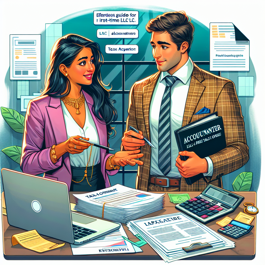 Create a vivid, detailed digital illustration in a semi-realistic comic style about the theme 'Effortless Guide for First-Time LLC Owners'. Incorporate an expressive South Asian female character as an accountant and a first-time Caucasian male LLC owner. The scene should depict them discussing paperwork related to taxation. Include diverse props such as tax forms, calculator, laptop, stack of real estate papers and a purchase agreement. The image should be bright and colorfully illustrated, with clear composition, and an engaging editorial style. All aspects should be visually engaging, with the accountant providing guidance to the business owner.