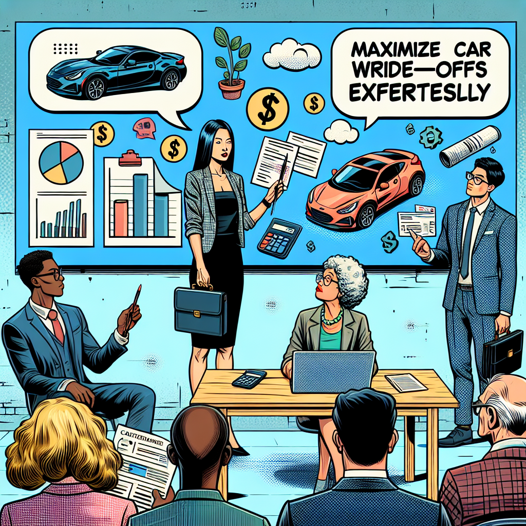 Generate a semi-realistic comic style digital illustration about 'Tax Deduction Tips: Maximize Car Write-Offs Effortlessly'. The scene should include diverse characters, consisting of an Asian accountant woman presenting to a mixed audience that includes a Black businessman, Caucasian businesswoman, and a Hispanic elderly man. The accountant uses engaging visuals like charts and graphs explaining car write-offs, while the audience keenly listens. The characters should evince expressive emotions. Also, add relevant props such as calculator, documents, a model car, and a briefcase to strengthen the theme. The colors should be striking and the composition clear. Convey a narrative in an engaging editorial style.