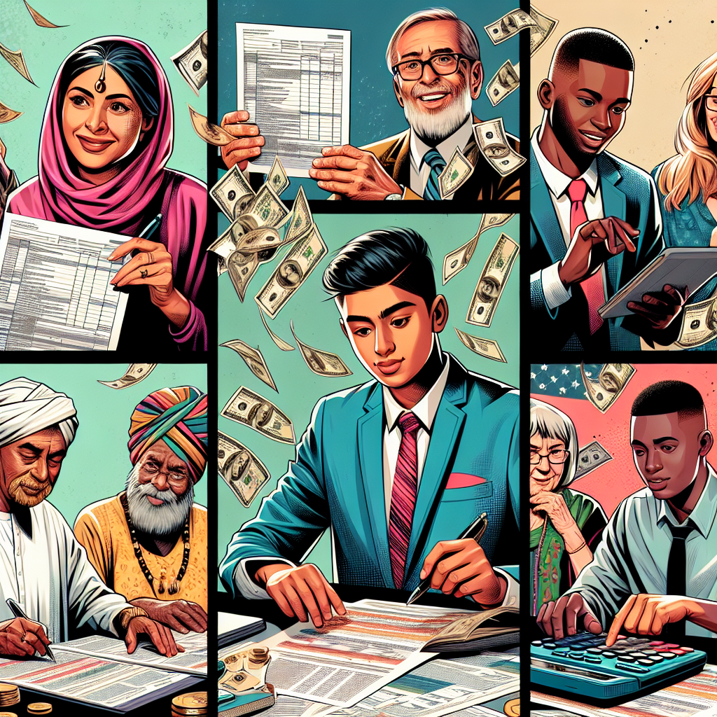 Craft a vibrant, detailed digital illustration in semi-realistic comic style portraying 'Taxes 2026: Key Changes in North and South Carolina - Astonishing Updates.' Include expressive characters from different descents and gender, including South Asian Female Tax Advisor, Black Male Accountant, Middle-Eastern Teenager, and a Hispanic Senior Citizen. Make sure they are interacting with relevant props such as tax forms, calculators, and money, that correlate to the theme. Use vivid hues, clear composition, and engaging editorial style to present the concept.