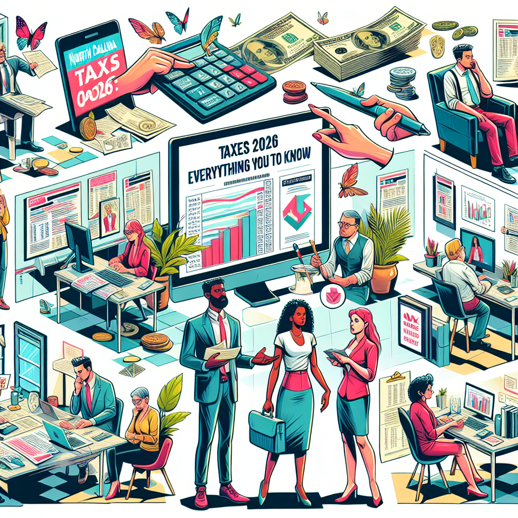 Create an engaging semi-realistic digital illustration in a comic style about 'North Carolina Taxes 2026: Everything You Need to Know'. Include expressive characters of different genders and descents participating in tax-related activities, and relevant props such as tax forms, calculators, and computers in the illustration. Use bright colors and clear composition to present this complex subject matter in an insightful and interesting way. The overall tone should be similar to an educational editorial, with elements that are compelling and informative.