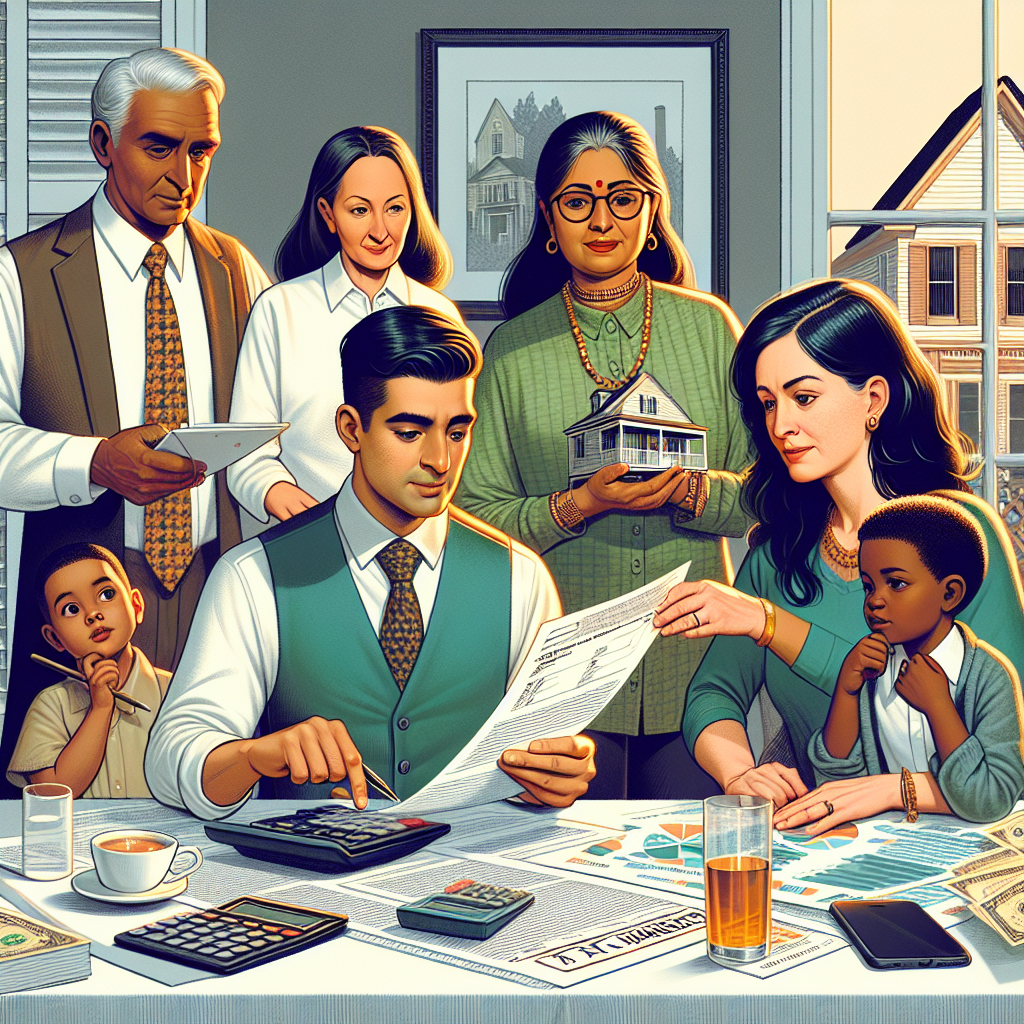 Create a detailed digital illustration in the style of a semi-realistic comic, capturing the topic 'Important tax changes in 2026 for individuals and families in the Carolinas.' Include expressive characters of various genders and descents: Hispanic male accountant checking a document, a South Asian woman family member engaging in a discussion, and a Black child observing curiously. Enrich the scene with relevant props such as tax forms, calculators, a home model, symbolizing the family property. Use bright, welcoming colors for an engaging composition that effectively communicates the editorial style and the theme.