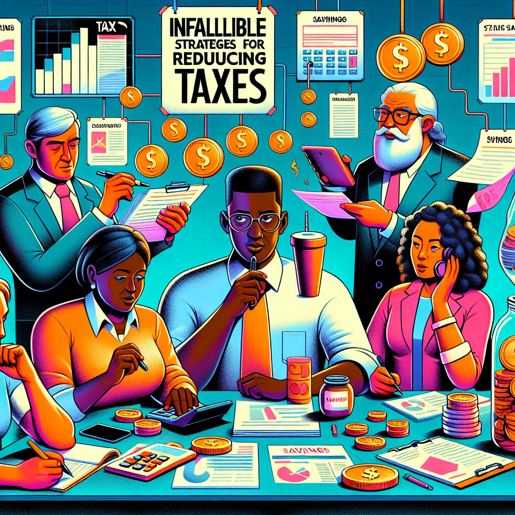 Create a vibrant, detailed digital illustration executed in a semi-realistic comic style. The concept is focused on 'Infallible Strategies for Reducing Taxes' in the context of South Carolina in the year 2026. Depict lifelike characters engaging in various activities related to tax saving strategies. Include relevant props such as financial documents, calculators, savings jars, and so on. Characters can consist of a tax consultant of Hispanic descent explaining strategies, a South Asian businessman keenly listening while taking notes, a middle-aged Caucasian woman busily calculating her taxes, and a black young entrepreneur creatively brainstorming for tax saving ideas. Incorporate a balance of bright colors for a clear composition, encapsulating the excitement of tax-saving possibilities in an editorial-like style.
