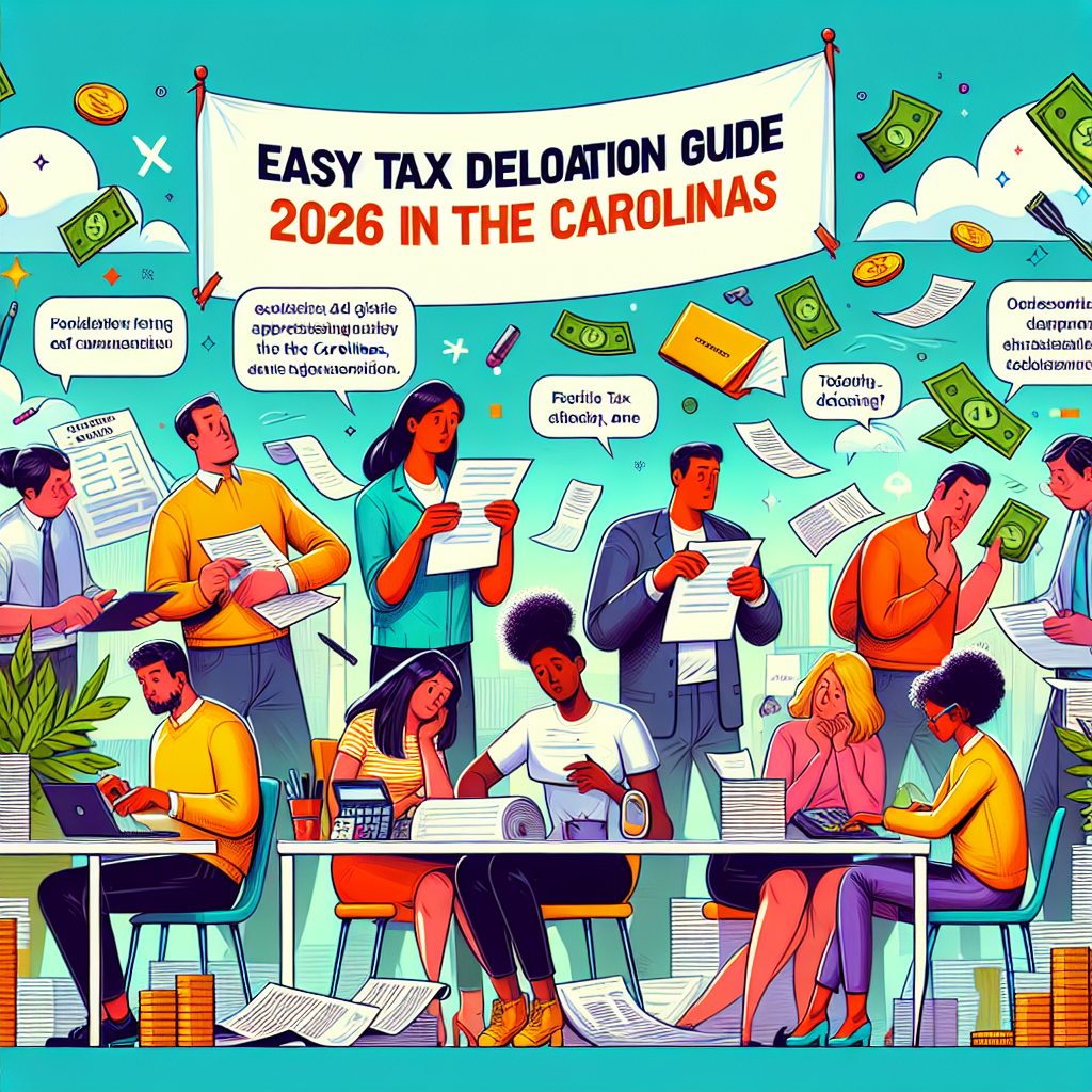 Create a vivid, detailed digital illustration in semi-realistic comic style about 'Easy Tax Declaration Guide 2026 in the Carolinas'. Include expressive characters of varying descents and genders, interacting with relevant props such as tax forms, calculators, and money. The characters could be seen navigating through the process of tax declaration – looking at forms, discussing, thinking – to reflect the theme. Emphasize a bright color palette, clear composition, and an engaging editorial style. The overall ambience should depict a positive and active learning environment.