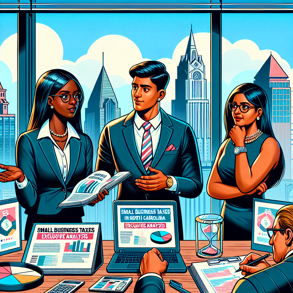 Create a vivid, detailed digital illustration in a semi-realistic comic style about '2026 Small Business Taxes in North and South Carolina - Exclusive Analysis'. Include 3 expressive characters - a black female tax consultant explaining details, a Hispanic male small business owner listening attentively, and a South Asian female business owner taking notes - along with relevant props such as tax law books, pie graphs, a laptop displaying tax software, and a backdrop showing skylines of North and South Carolina. The color palette should be bright, the composition clear, and the style engaging and editorial.