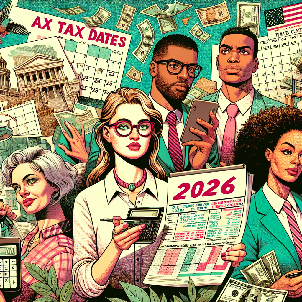 Create a vibrant, detailed illustration in a semi-realistic style reminiscent of vintage comics, depicting important tax dates for the year 2026 focused on the region of the Carolinas. The image should include a diverse range of expressive characters. A Caucasian female accountant with glasses and a calculator, a Hispanic male tax consultant holding a tax calendar for 2026, and an African-American couple consulting a financial document. Include relevant props like calendars, financial spreadsheets, and tax forms. The color scheme should be bright and uplifting. The composition should be clear and engaging, in an editorial style, with the characters interacting with the elements foretelling the important tax deadlines.