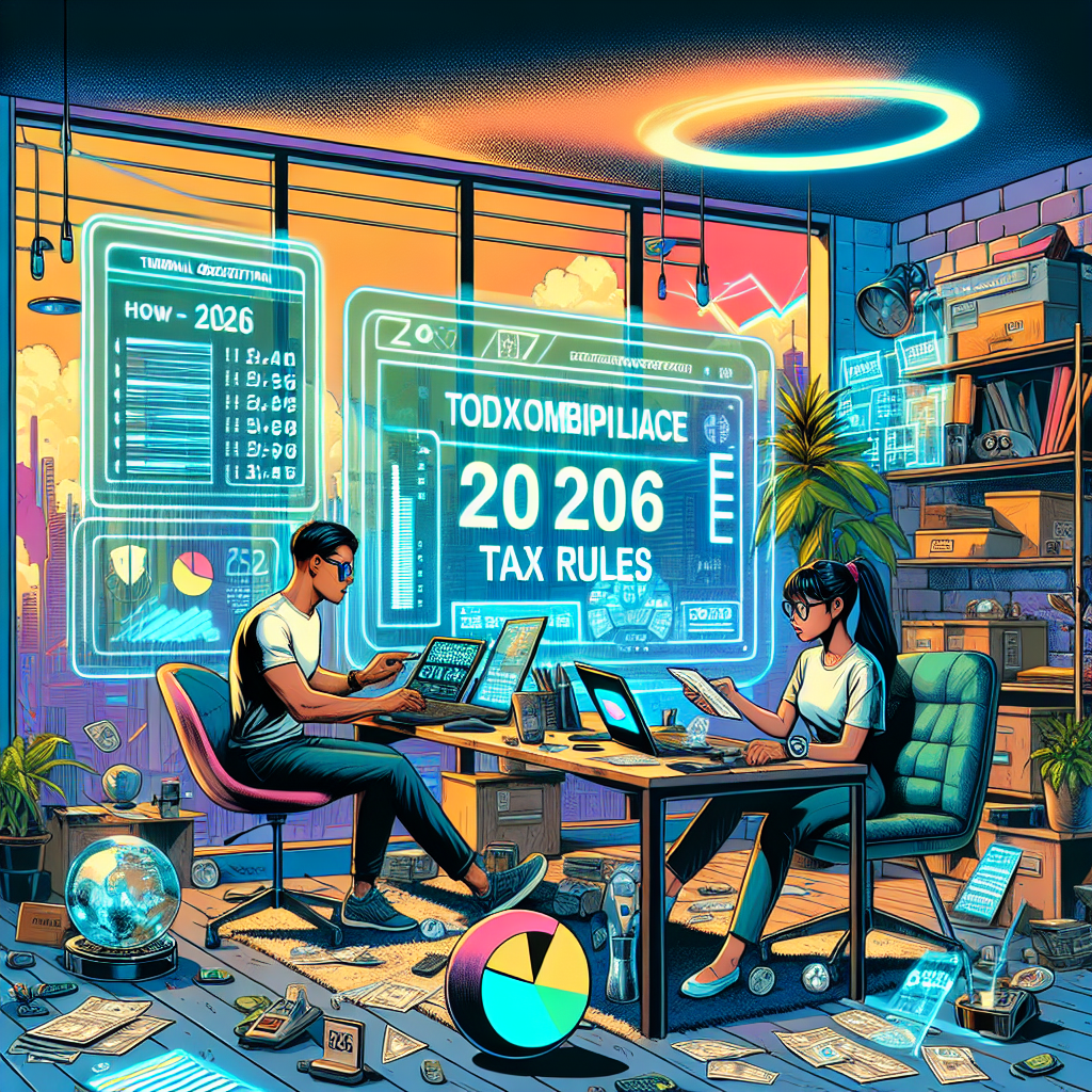 Please create a semi-realistic digital illustration, infused with the vibrancy of comic book visual language. The scene takes place in a futuristic home-based office belonging to an East Asian male self-employed professional and a Black female accountant busy with tasks. Scattered around them are tangible objects symbolizing 2026 tax rules: futuristic holographic screens displaying tax calculations, digital bar graphs, and pie charts. Use a mix of bright and engaging colors to build an energetic atmosphere. The composition should clearly narrate the concept of effortless tax handling in the year 2026.