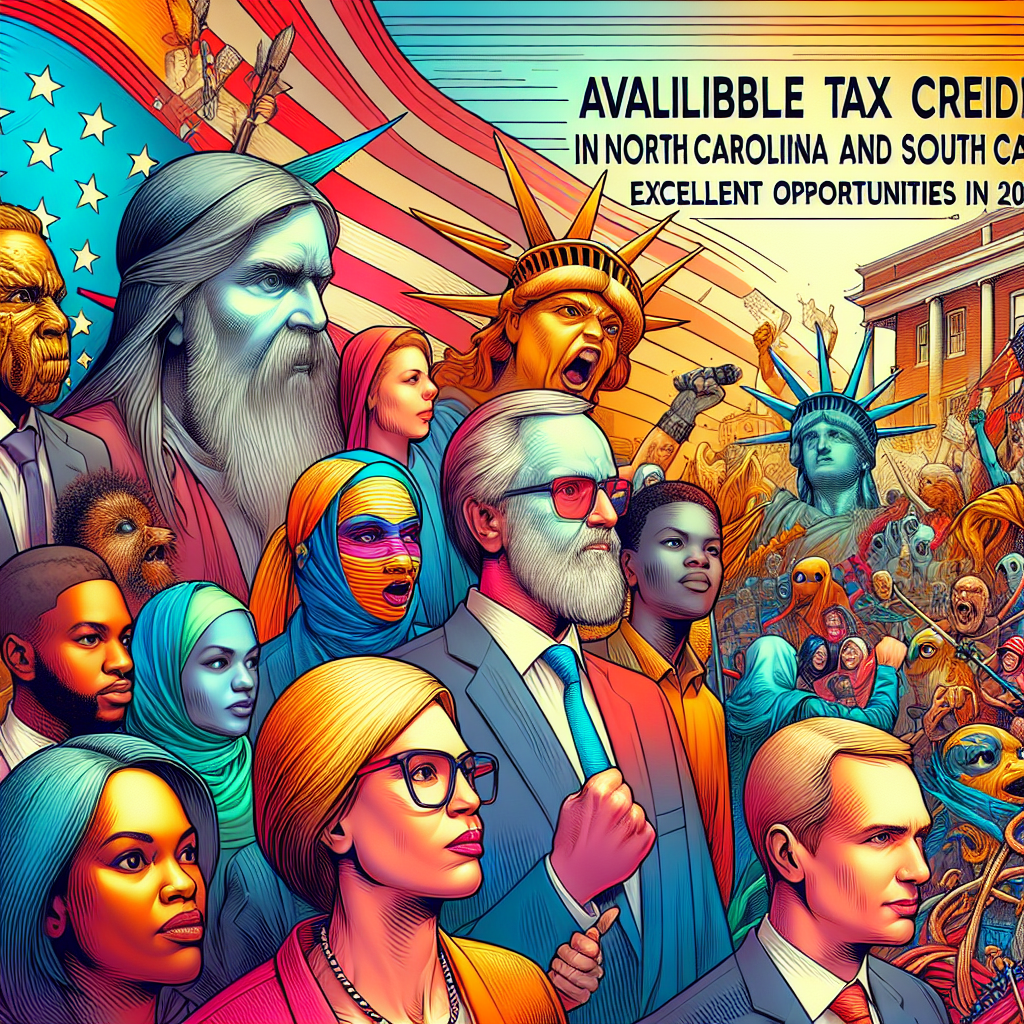 Create an intense, detailed digital drawing in a semi-realistic comic book style illustrating the theme 'Available Tax Credits in North Carolina and South Carolina: Excellent Opportunities in 2026'. Include dynamic characters of diverse descents and gender expressing a range of emotions and relevant props in relation to the theme. Use an array of bright colors for a clear and engaging composition that captures an editorial style.