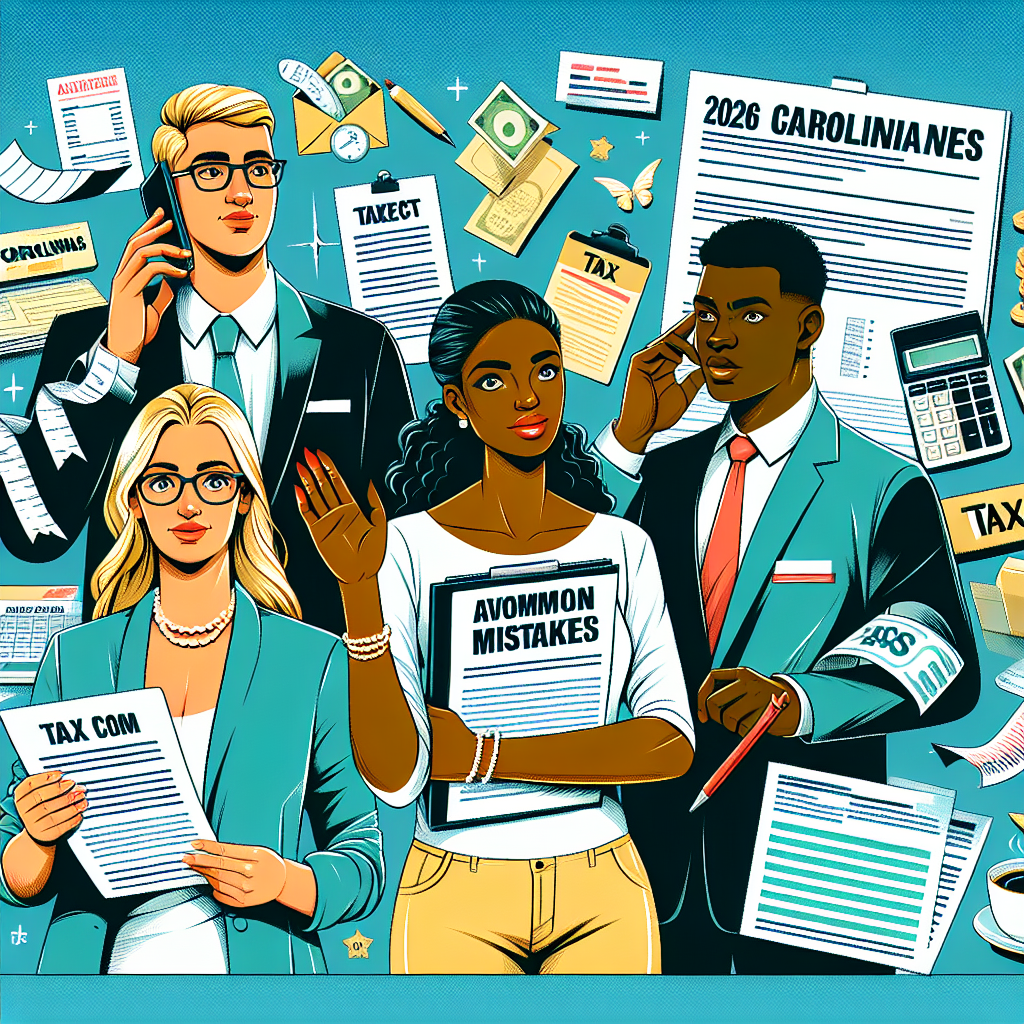Create a vibrant, detailed digital illustration in a semi-realistic comic style about '2026 Carolinas Taxes: Avoid Common Mistakes'. Include expressive characters of different genders, such as a Caucasian woman who is a tax consultant and a Black man who is a taxpayer, along with relevant props like tax forms, calculators, and receipts that match the theme. Make use of bright colors for a clear composition and engaging editorial style.