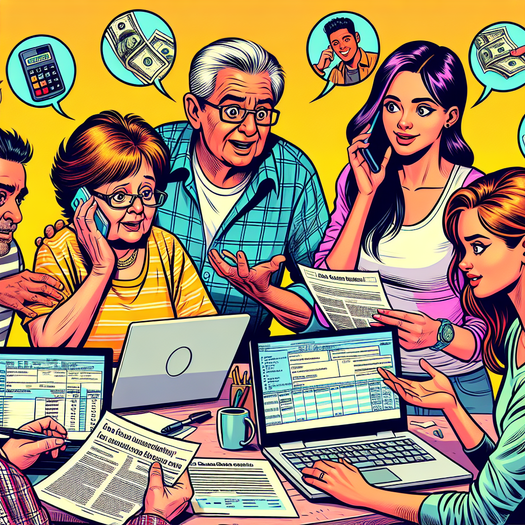 Create a semi-realistic digital illustration with the theme of families in South Carolina dealing with the impact of new tax laws. This vibrant comic-style image should include expressive Hispanic and Caucasian characters of mixed genders who are involved in a variety of tax-related activities such as calculating finances, looking at tax forms, and engaging in family conversations about their finances. The props should be relevant to the theme, for example, calculators, papers with financial data, and laptops with tax software open. The color palette should be bright and the composition clear, encouraging viewer engagement. The image should feel informative and engaging, capturing the essence of an editorial cartoon.