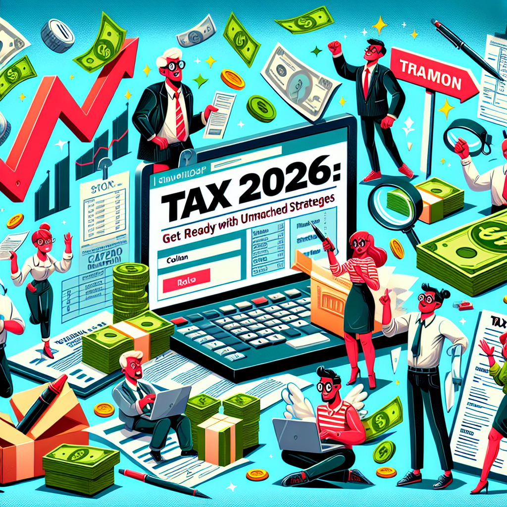 Create a digital illustration that is semi-realistic in the style of a comic, representing the concept 'Tax 2026: Get Ready with Unmatched Strategies.' Include animated characters who are expressive and various props relevant to the theme such as calculators, tax forms, and money. Let the illustration be filled with bright colors, have a clear composition and an engaging editorial style.